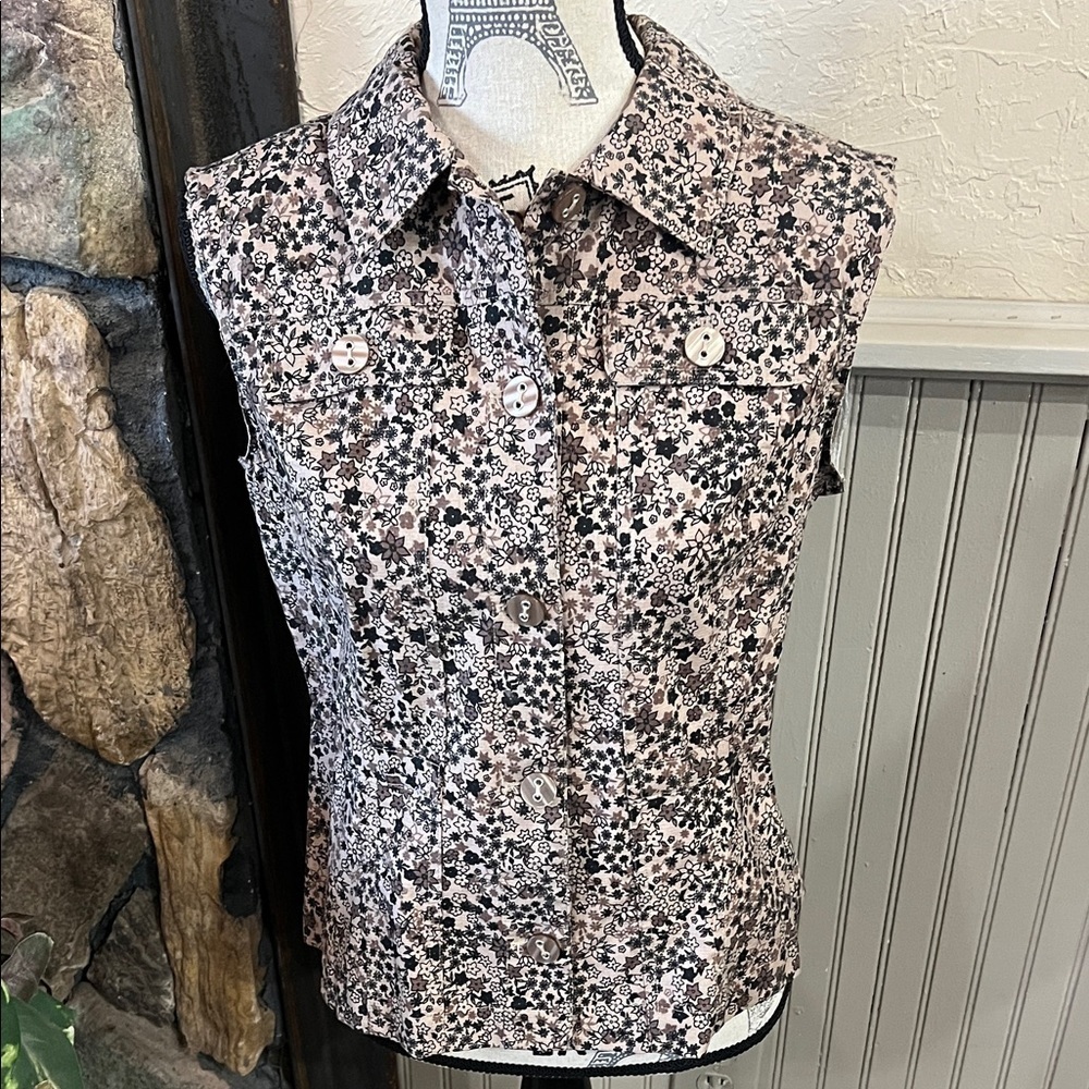 Christopher & Banks Black and Brown Floral Button-Down Vest